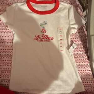Old Navy White Tee with Red Ringer and Floral Embroidery